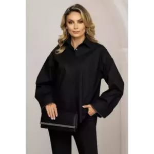 Camasa dama neagra oversize cu sirag din strassuri la mansete imagine