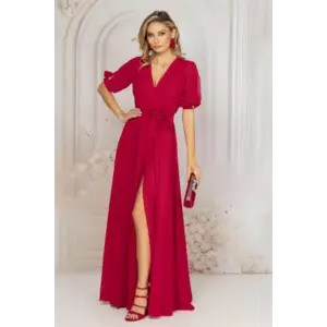 Rochie de seara rosie lunga cu floare in talie si decolteu petrecut imagine