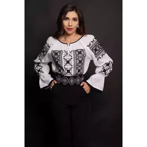 Ie traditionala alba din bumbac Vera cu broderie florala neagra imagine