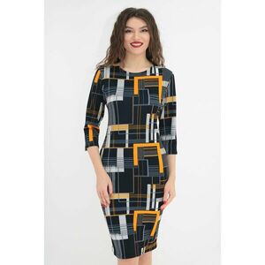 Rochie bleumarin cu print geometric mustar-alb imagine