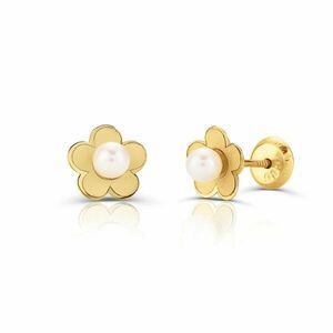 Cercei din aur 14K pentru copii Round Flower and Pearl imagine