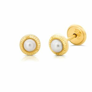 Cercei din aur 14k pentru copii, Striped Circle and Small Pearls imagine