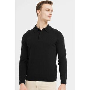 Pulover de casmir cu guler polo - Negru - imagine