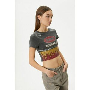 Tricou crop de bumbac cu model si decolteu la baza gatului imagine