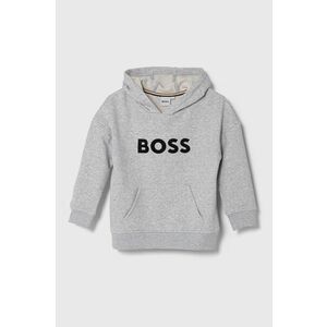 BOSS bluza copii culoarea gri, cu glugă, cu imprimeu imagine