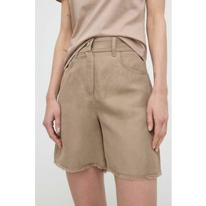 Marella pantaloni scurți din amestec de in culoarea bej, uni, high waist 2413140000000 imagine