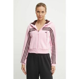 adidas Originals bluza 70s Short Fullzip Fleece Hoodie femei, culoarea roz, cu glugă, cu imprimeu, JN7665 imagine