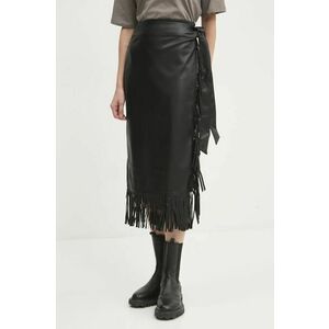 Never Fully Dressed fustă de piele Vegan Leather Fringe Jaspre culoarea negru, midi, creion, NFDSK573 imagine