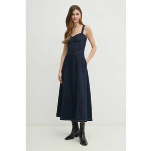 Bardot rochie jeans culoarea albastru marin, maxi, evazati, 91413DB imagine