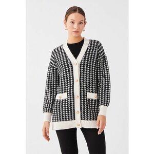 Cardigan lung cu imprimeu houndstooth imagine