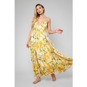 Rochie lunga din mix matase Green/Yellow 12082 imagine