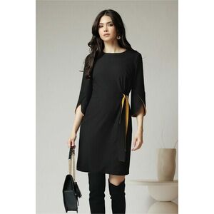 Rochie office din stofa neagra cu nod in talie si detalii galbene imagine