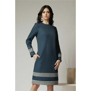 Rochie DY Fashion office din stofa albastra cu benzi bleu imagine