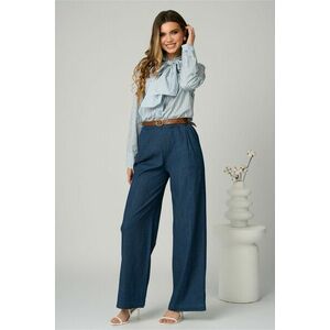 Pantaloni smart casual din denim albastri cu buzunare si curea in talie imagine