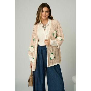 Cardigan casual din tricot bej cu flori albe 3D imagine