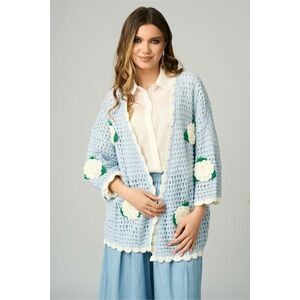 Cardigan casual din tricot bleu cu flori albe 3D imagine