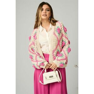 Cardigan casual din tricot ivory cu flori fucsia imagine