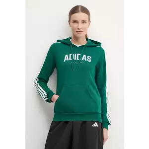 adidas bluză W L SOFTS Collegiate femei, culoarea verde, cu glugă, cu imprimeu, JV9154 imagine