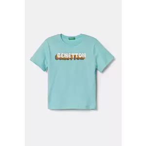 United Colors of Benetton tricou de bumbac pentru copii culoarea turcoaz, cu imprimeu, 3I1XG10HT imagine