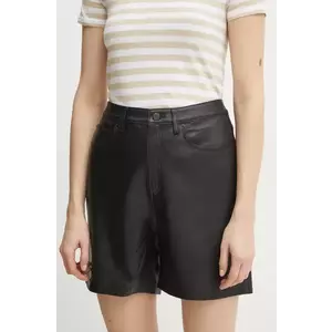 MICHAEL Michael Kors pantaloni scurti de piele femei, culoarea negru, neted, high waist, MR530SVFAF imagine