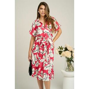Rochie din viscoza alba cu imprimeuri fucsia si curea in talie imagine