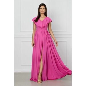 Rochie Dy Fashion roz lunga cu volan la bust si cordon in talie imagine