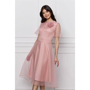 Rochie DY Fashion midi roz din voal cu aplicatie florala imagine