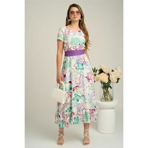 Rochie din viscoza alba cu imprimeu floral mov si cordon in talie imagine