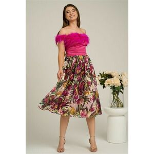 Rochie DY Fashion fucsia cu imprimeu pe fusta si pene la bust imagine