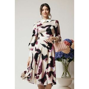 Rochie DY Fashion office din satin ivory cu imprimeuri florale mov si guler alb imagine