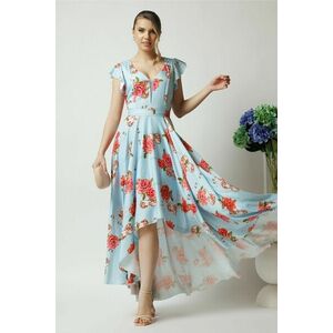 Rochie eleganta lunga din tafta bleu cu imprimeu si cordon in talie imagine