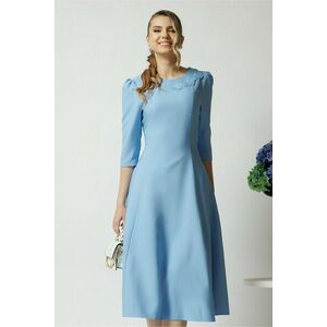 Rochie office din stofa bleu cu flori la bust imagine