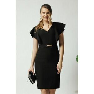 Rochie LaDonna eleganta din stofa neagra cu accesoriu in talie si volane imagine
