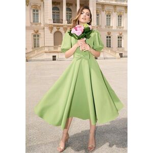 Rochie DY Fashion eleganta din stofa verde fistic cu funda in talie imagine