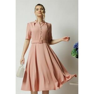 Rochie DY Fashion office din triplu voal roz cu nasturi la bust si curea in talie imagine