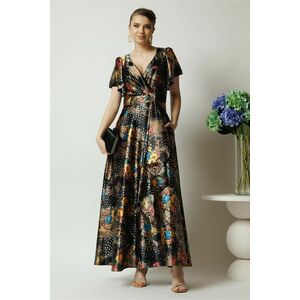 Rochie lunga eleganta din satin neagra cu flori orange si volan imagine