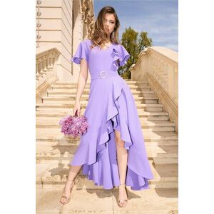 Rochie LaDonna lunga de ocazie din stofa lila cu volane si cordon in talie imagine
