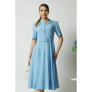 Rochie DY Fashion office din triplu voal bleu cu nasturi la bust si curea in talie imagine