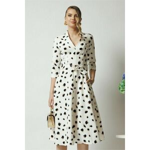 Rochie din stofa alba midi de zi cu imprimeuri bej si decolteu imagine