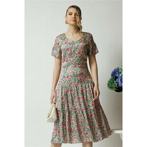 Rochie de zi din viscoza satinata ivory cu floricele roz imagine