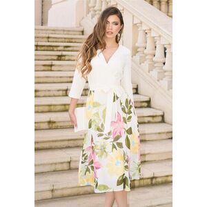 Rochie DY Fashion office din stofa si voal alba cu imprimeu pe fusta imagine