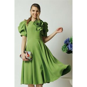 Rochie eleganta din stofa verde fistic cu floare maxi pe bust si maneci bufante imagine