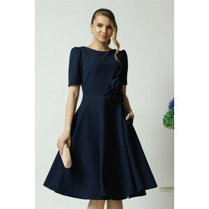 Rochie office din stofa bleumarin cu floare maxi pe talie imagine