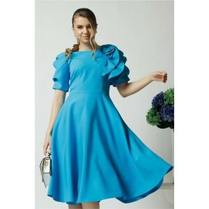 Rochie eleganta din stofa albastra cu floare maxi pe bust si maneci bufante imagine