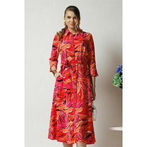 Rochie office din viscoza fucsia cu imprimeu portocaliu si cordon in talie imagine
