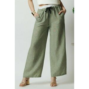Pantaloni casual vaporosi kaki cu banda alba si elastic in talie imagine