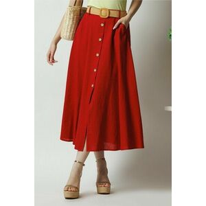 Fusta midi casual din in rosie cu nasturi si curea imagine