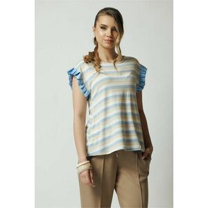 Tricou casual din viscoza bleu cu dungi bej si volanase la maneci imagine