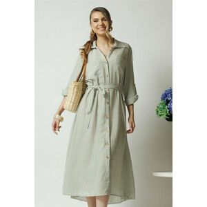Rochie casual din panza ivory cu dungi kaki si nasturi imagine