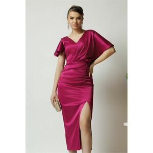 Rochie Moze eleganta din satin magenta cu fronseu si crepeu pe fusta imagine